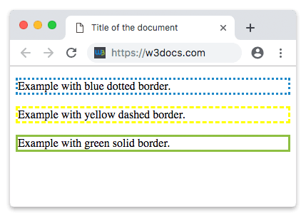 Trois paragraphes avec des bordures CSS bleue pointillée, jaune en tirets et verte solide