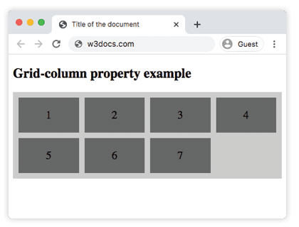 Propriété CSS grid-column : boîte 6 couvrant les colonnes 2 à 4 dans une grille