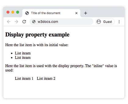 Exemple de la propriété CSS display montrant des éléments de liste rendus en ligne